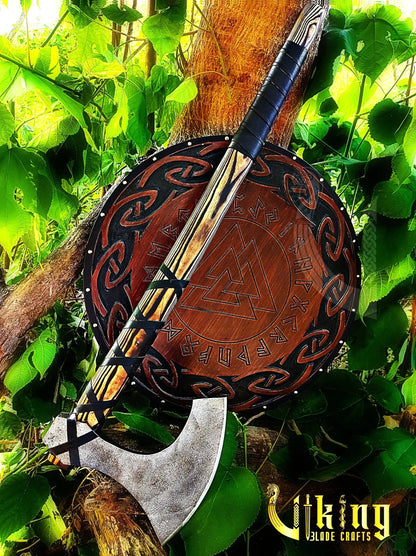 Handmade 36" Long Viking Battle Axe – High Carbon Steel Blade & Carved Raven Shield Viking_Blade_Crafts
