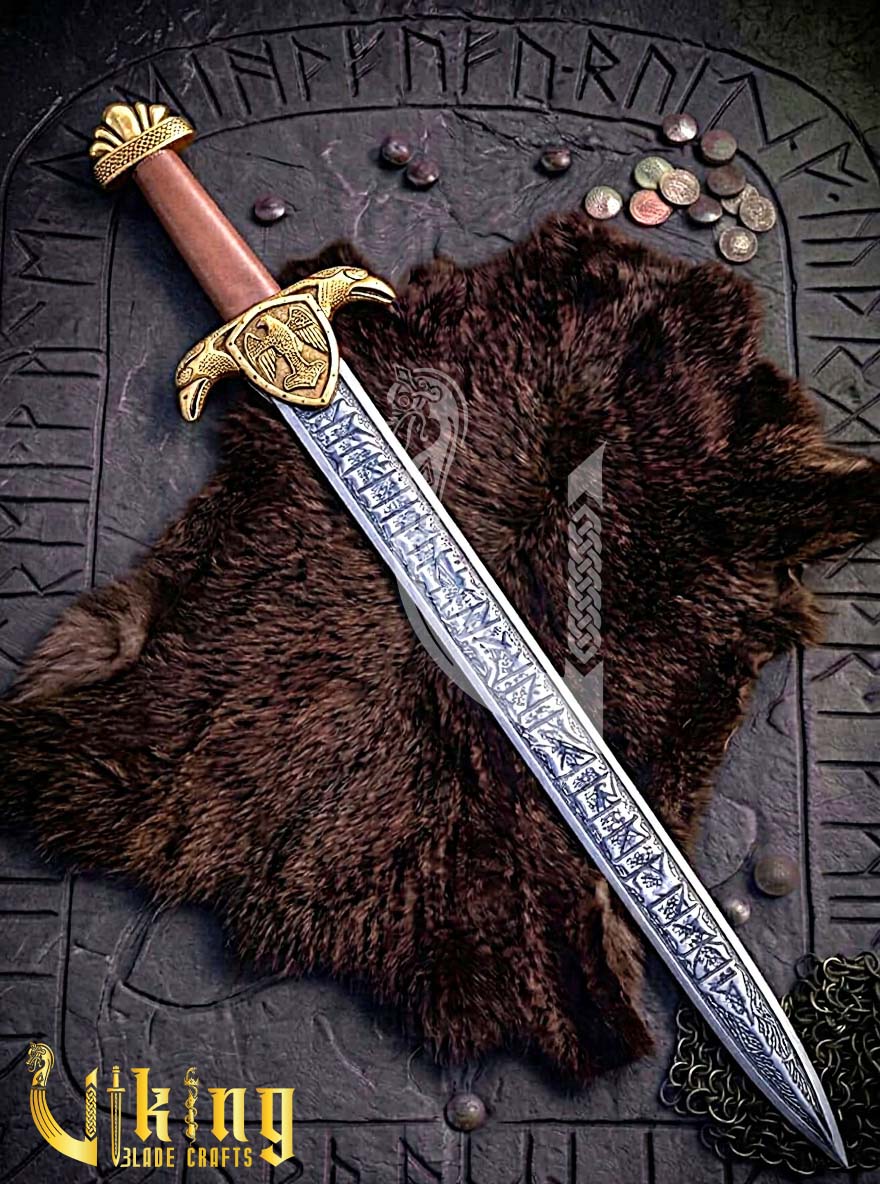 Handmade Etched Blade Viking Raven Sword Replica Hugin Munin Edition