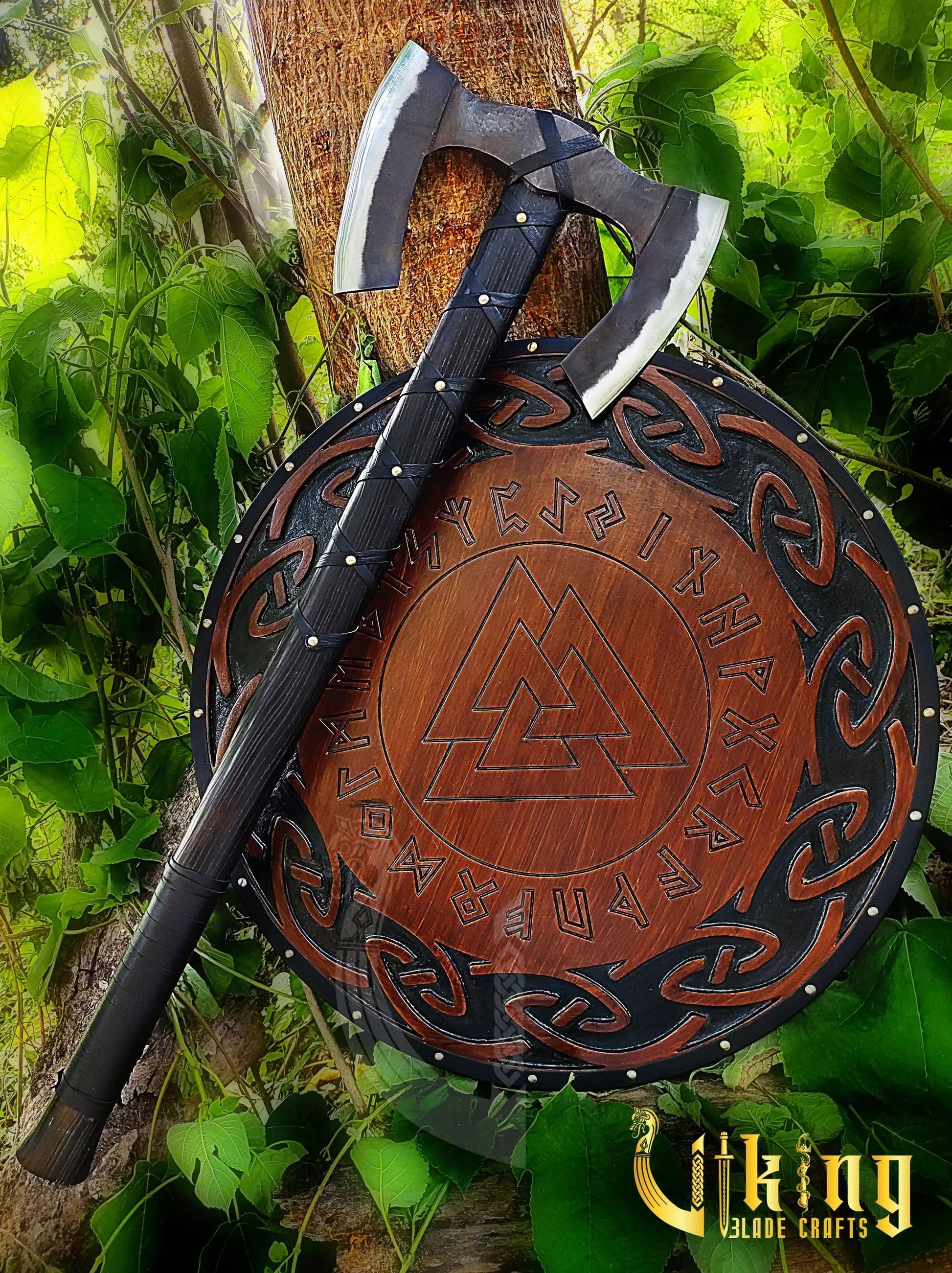 Forged Double Head 36" Viking Axe with Valknut  & Viking Runes Carved Shield Viking_Blade_Crafts