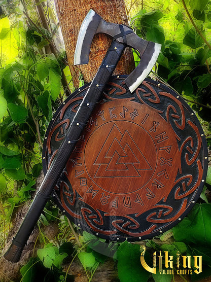 Forged Double Head 36" Viking Axe with Valknut  & Viking Runes Carved Shield Viking_Blade_Crafts