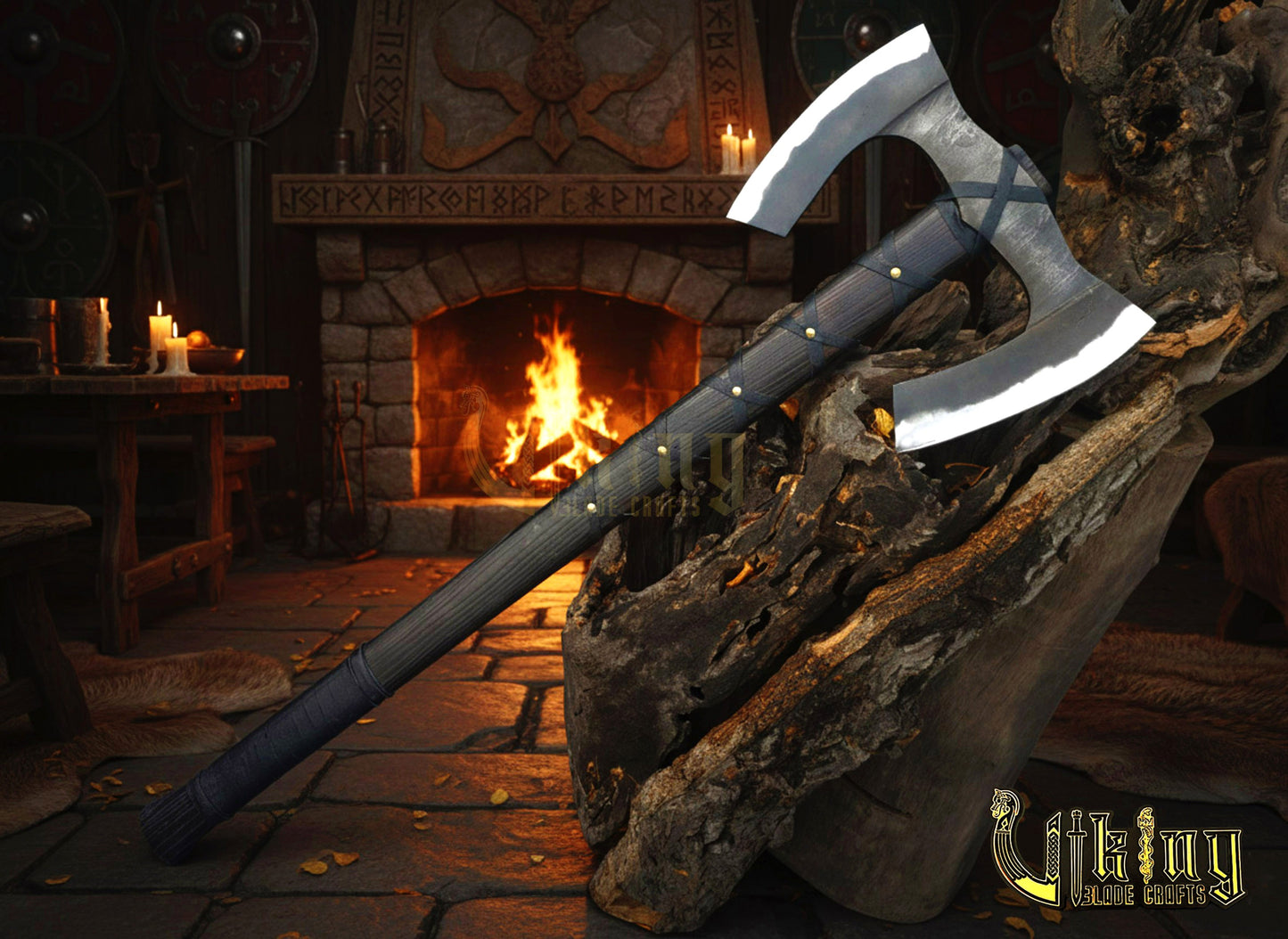 36" Double Bit Viking Axe - Hand Forged Carbon Steel & Leather Cover