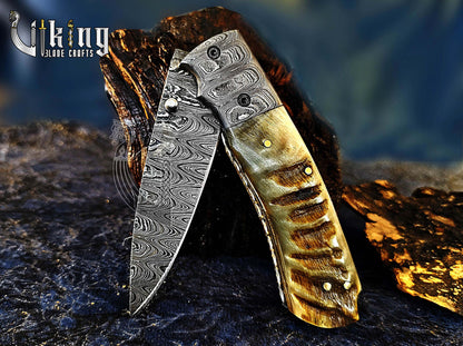 Handmade Damascus Steel Premium Folding Knife with Ram Horn Handle