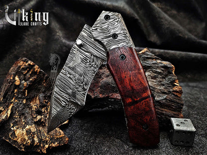 Damascus Steel Folding Pocket Knife With Sheath Rose Wood Handle