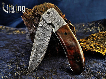 Handmade Damascus Steel EDC Folding Pocket Knife with Easy Lock