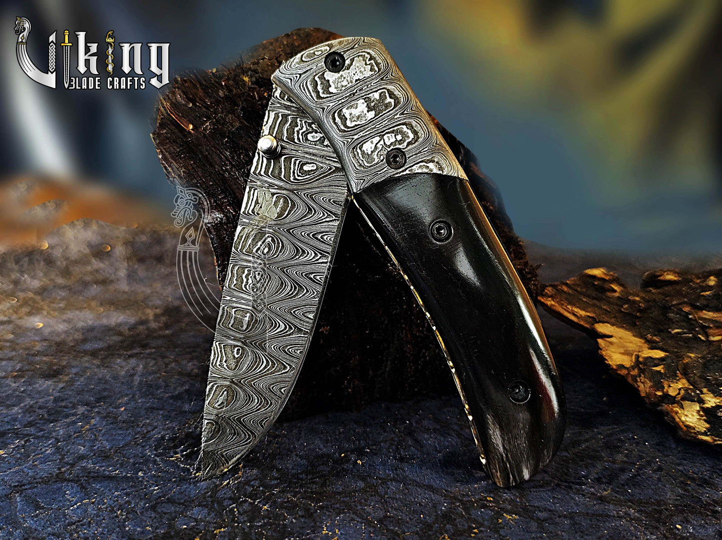 Hand-Forged Damascus Pocket Folding Knife w/ Buffalo Horn Handle & Clip