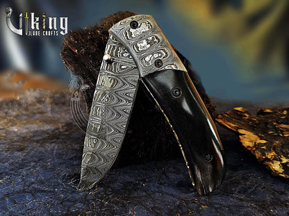 Hand-Forged Damascus Pocket Folding Knife w/ Buffalo Horn Handle & Clip