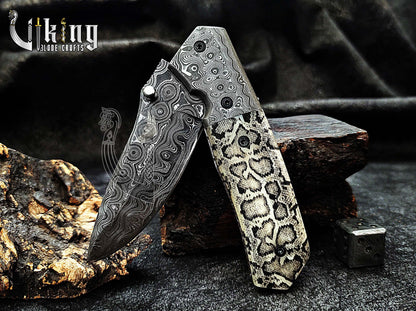 Damascus Steel Folding Pocket Knife With Damascus Clip and Bone Handle