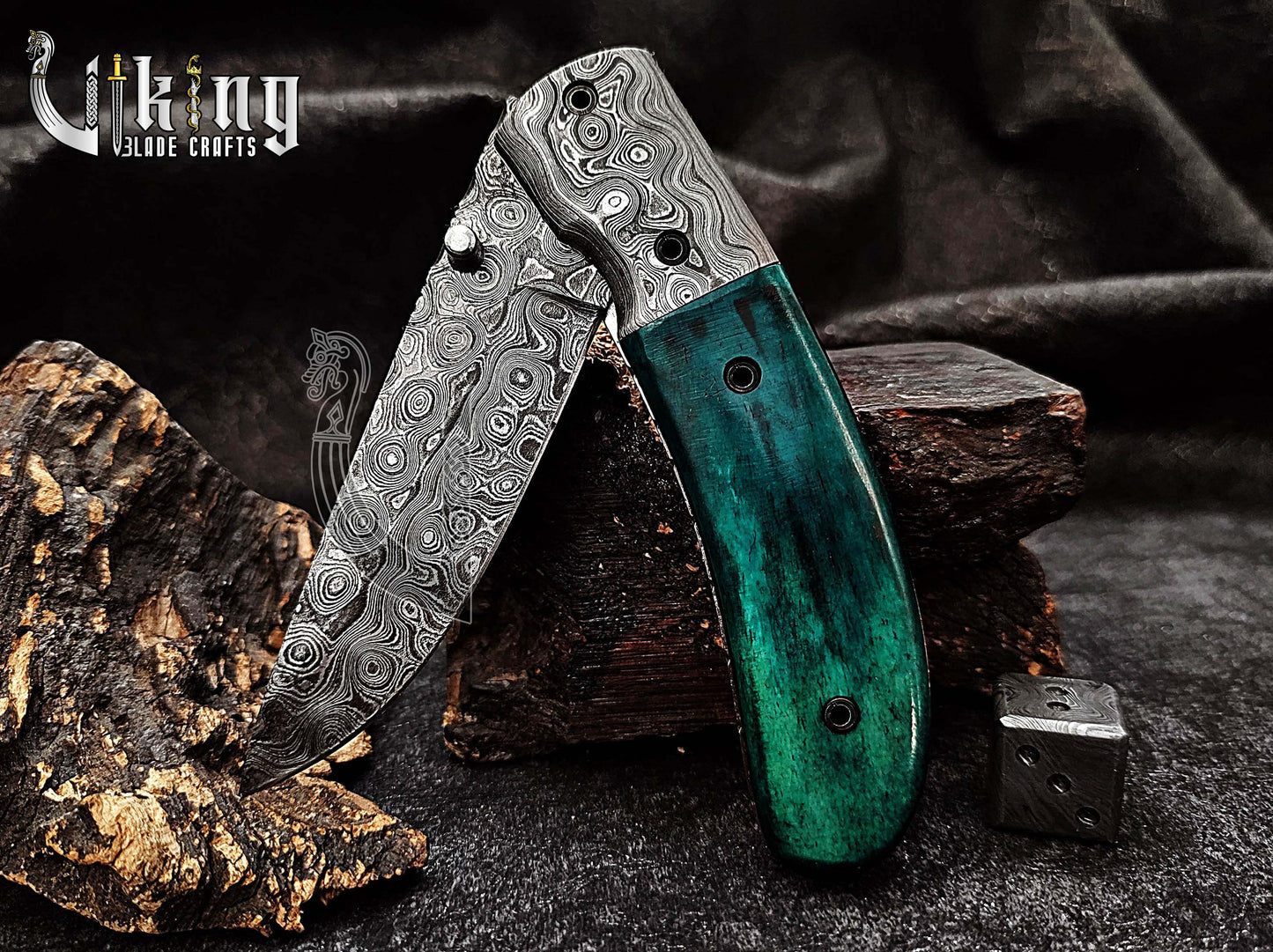 Handmade Damascus Folding Knife with Stained Bone Handle & Clip