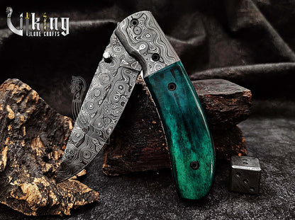 Handmade Damascus Folding Knife with Stained Bone Handle & Clip