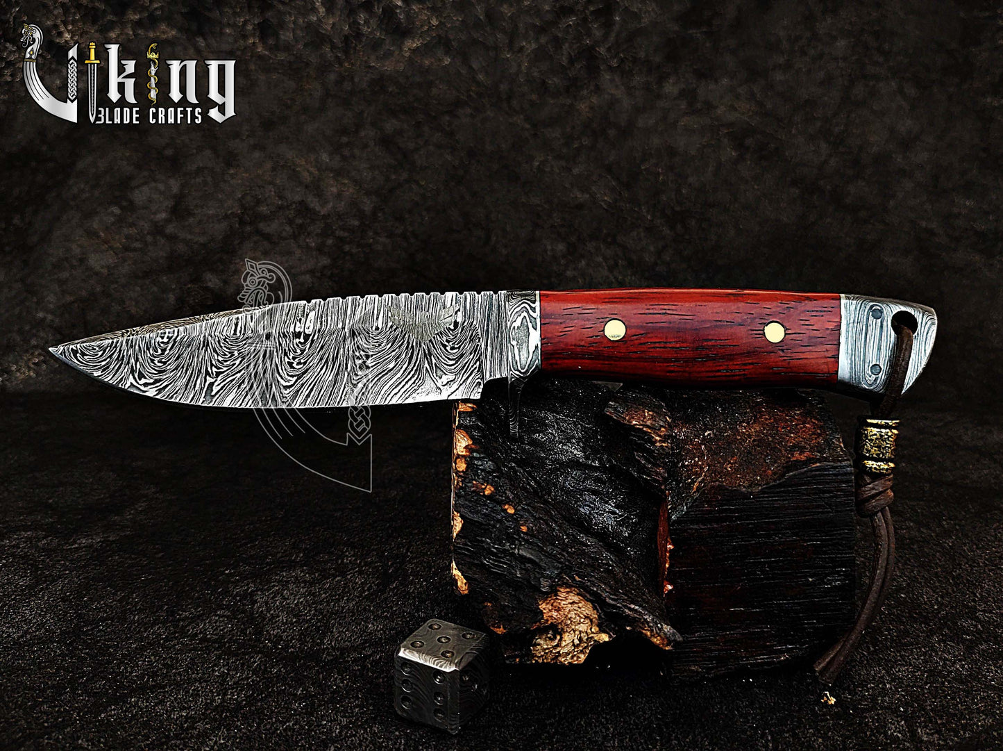 Damascus Steel Fixed Blade Bloodwood & Guard With Leather Sheath