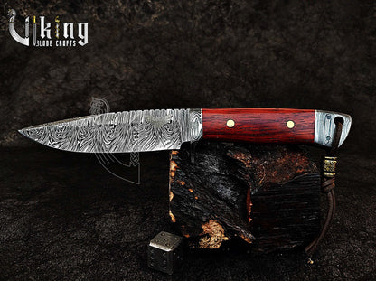 Damascus Steel Fixed Blade Bloodwood & Guard With Leather Sheath