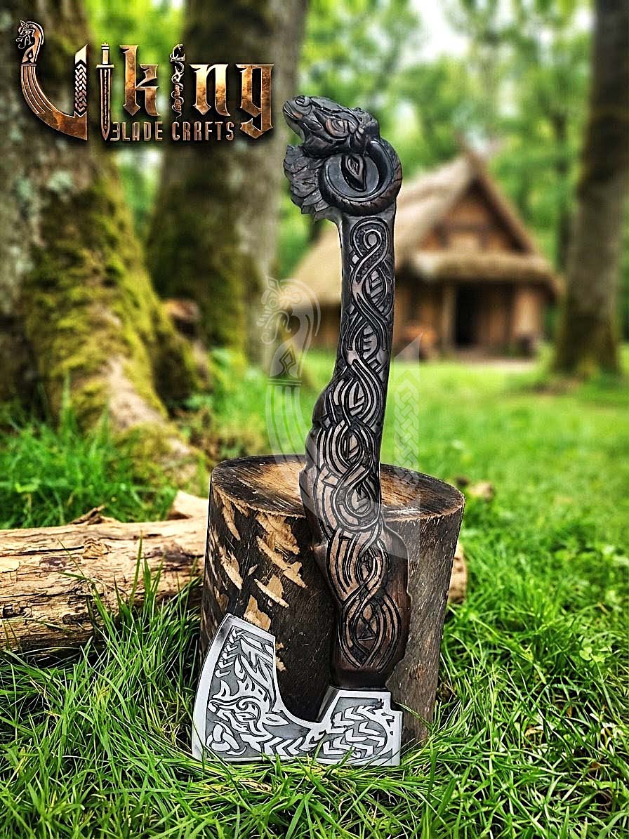 Hand Carved Viking Goat Axe | Geit Handle | Forged Steel