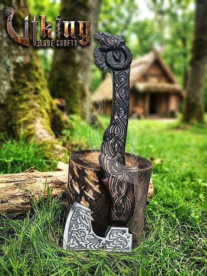 Hand Carved Viking Goat Axe | Geit Handle | Forged Steel