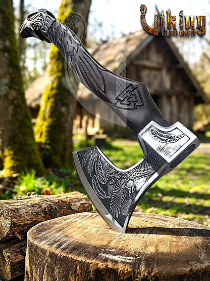 Odin Viking Axe | Raven Valknut Handle | Forged Steel