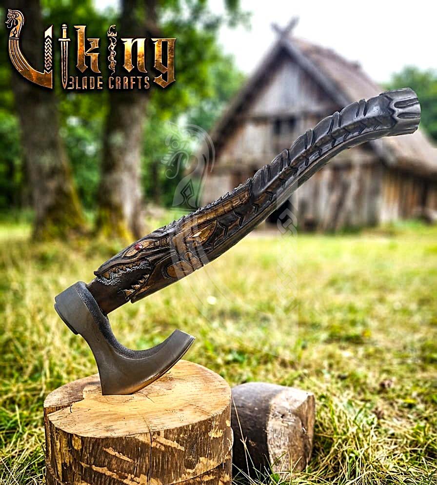 Alligator Viking Axe | Hand Carved Handle | Forged Steel