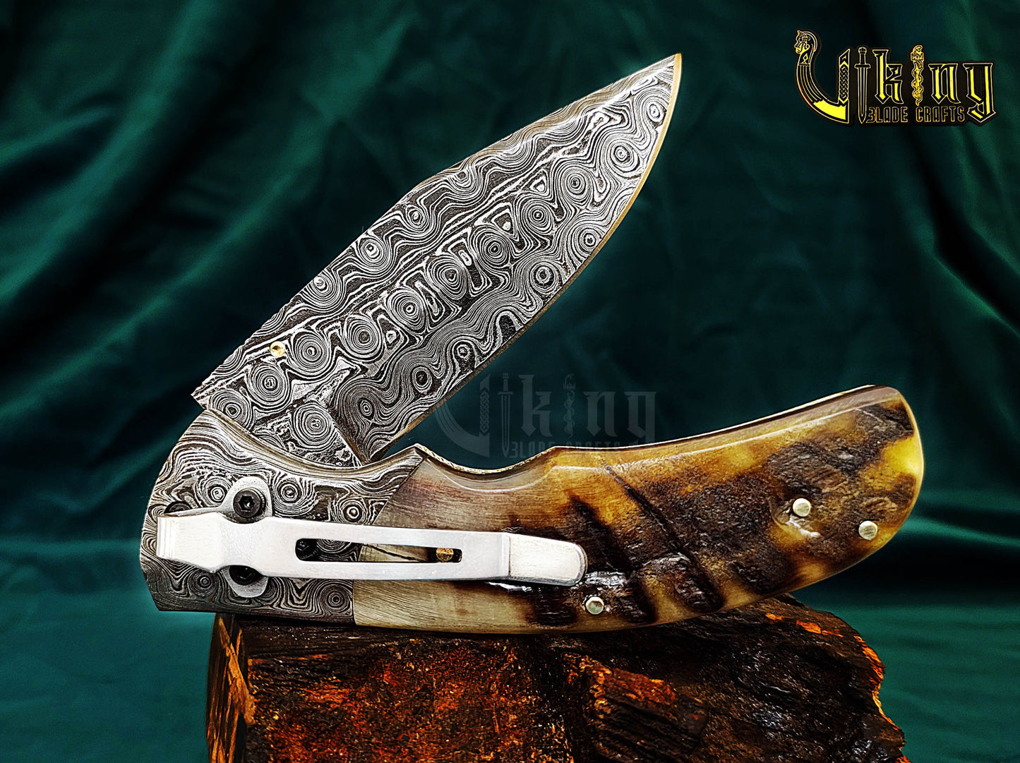 Hand-Forged Damascus Steel Folding Knife | Raindrop Pattern | Ram Horn Handle