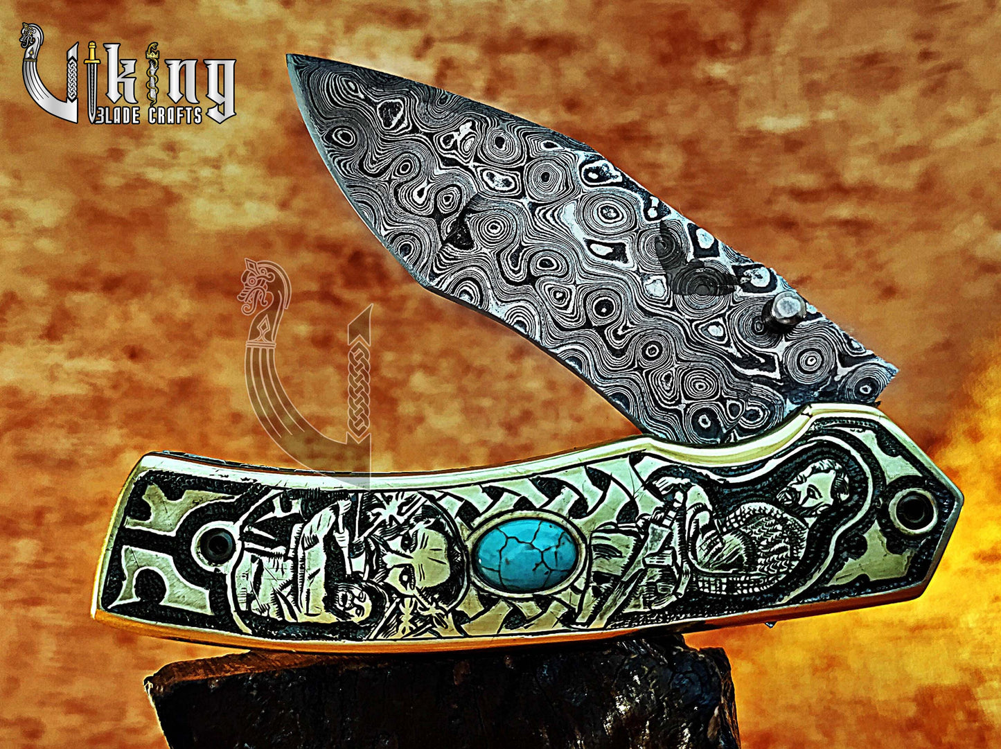 Damascus Steel Blade Folding Knife with Viking Floki-Inspired Carving Handle