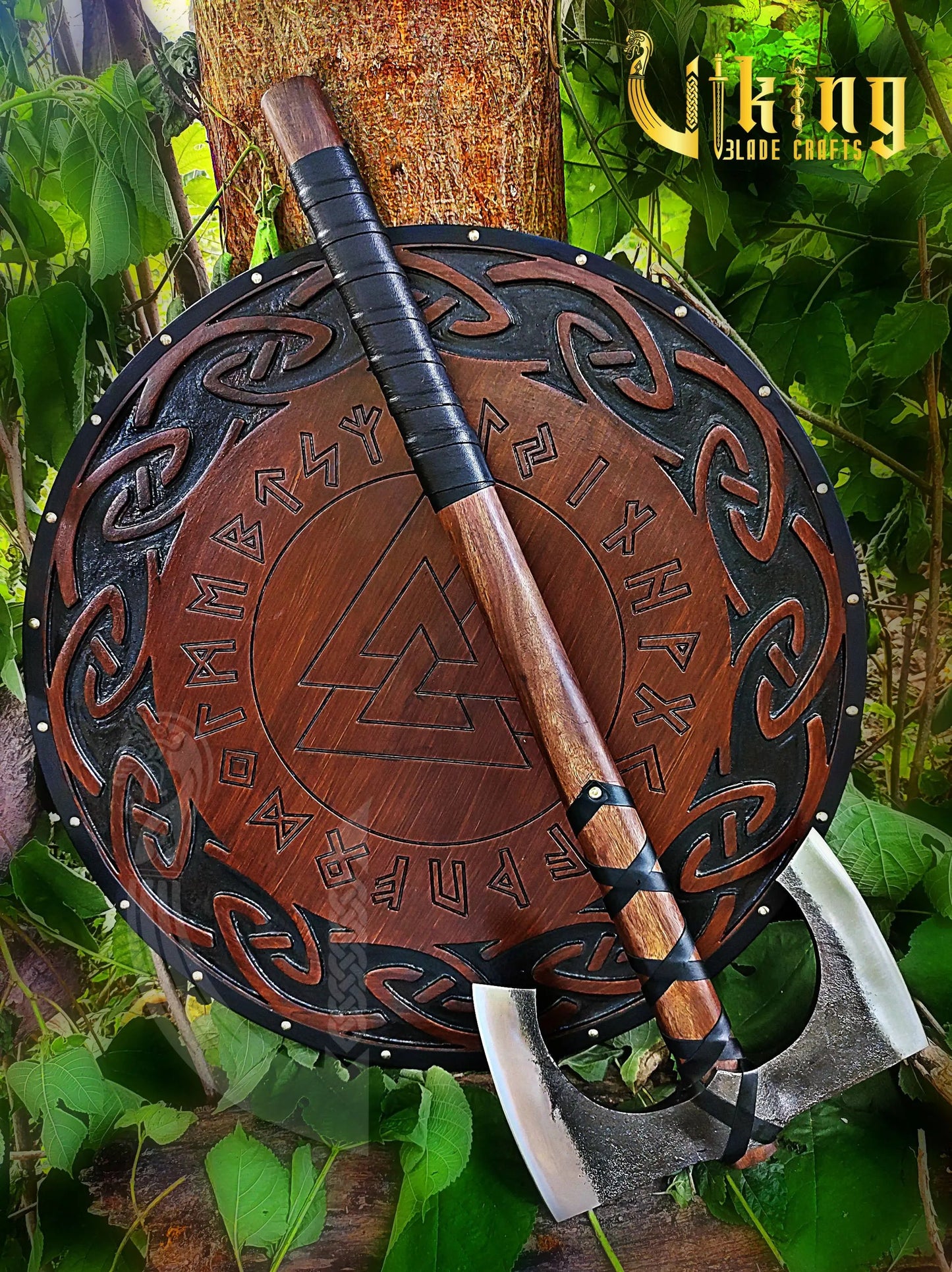 Forged 30" Double Edge Viking Axe with Valknut & Viking Runes Shield Viking_Blade_Crafts