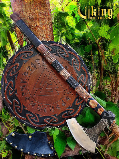 Hand-Forged 36" Long Viking Axe With Valknut & Viking Runes Shield Viking_Blade_Crafts