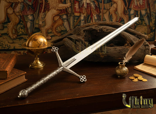 Handmade Damascus Steel Scottish Claymore Sword with Leather Sheath