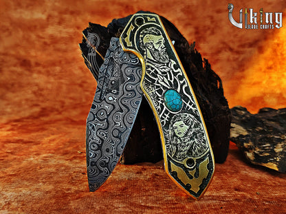 Handmade Damascus Folding Knife Shieldmaiden Lagertha & Ragnar Lothbrok Carved Handle Folding Knife