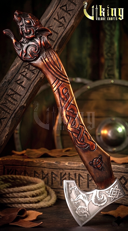Norse Ratatoskr axe with carved wooden handle and steel blade