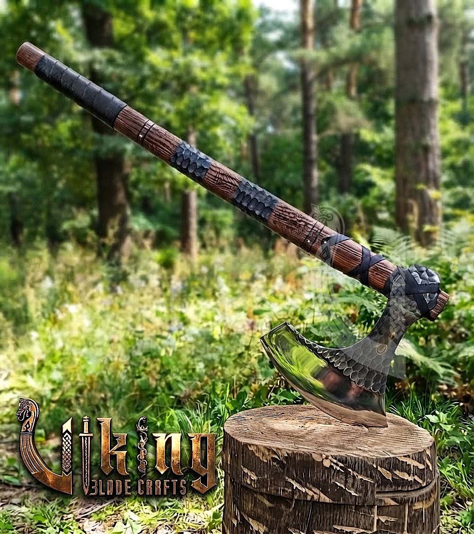 Hand-Forged 36" Viking Battle Axe with Leather Sheath