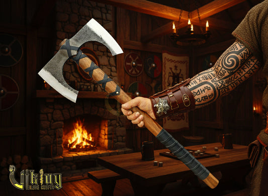 30" Double Bit Viking Battle Axe - Hand Forged Carbon Steel & Leather