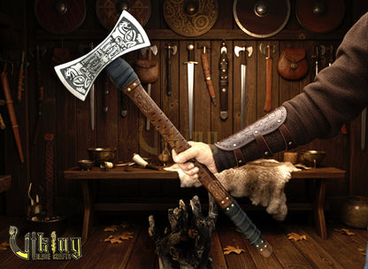 The Helm of Awe 30" Viking Axe & Carved Wooden – Norse Warrior Axe