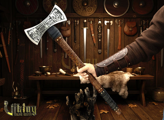The Helm of Awe 30" Viking Axe & Carved Wooden – Norse Warrior Axe