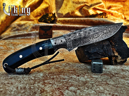 Handmade Damascus Fixed Blade Hunting Knife Ebony Wood Handle With Sheath
