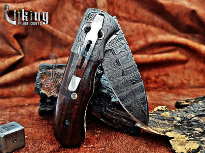Hand-Forged Damascus Steel Folding Knife with Rosewood Handle