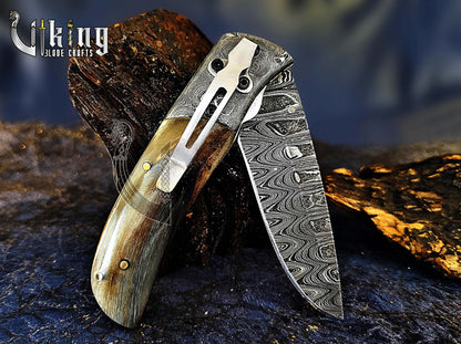 Forged Damascus Steel Folding Pocket Knife with Secure Leather Cover
