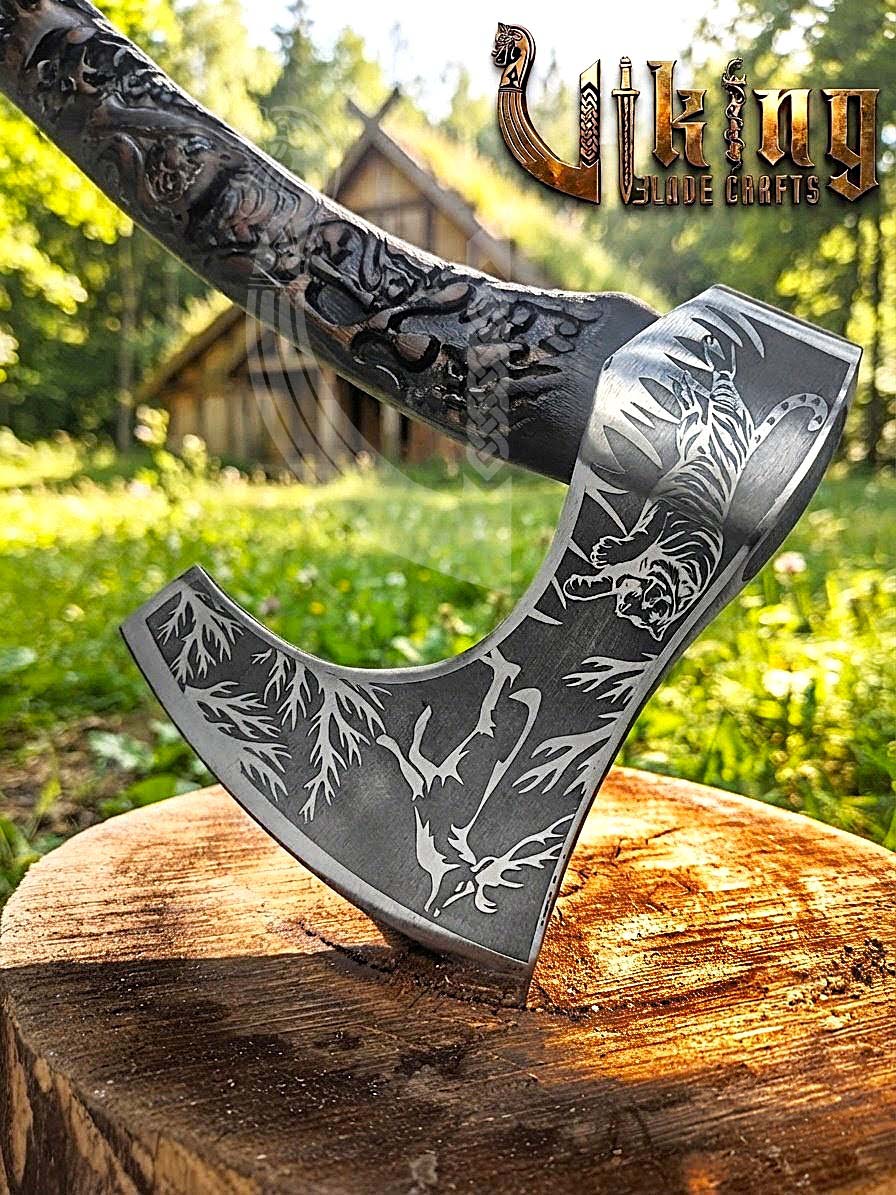 Wildlife Viking Axe | Hand Carved Handle | Forged Steel