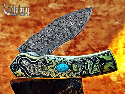 Damascus Steel Blade Folding Knife with Viking Floki-Inspired Carving Handle
