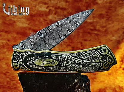 Hand-forged Damascus steel Pocket Folding knife with Queen Lagertha carving handle