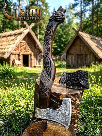 Viking Battle Axe | Hand Carved Wolf Handle | Forged Steel