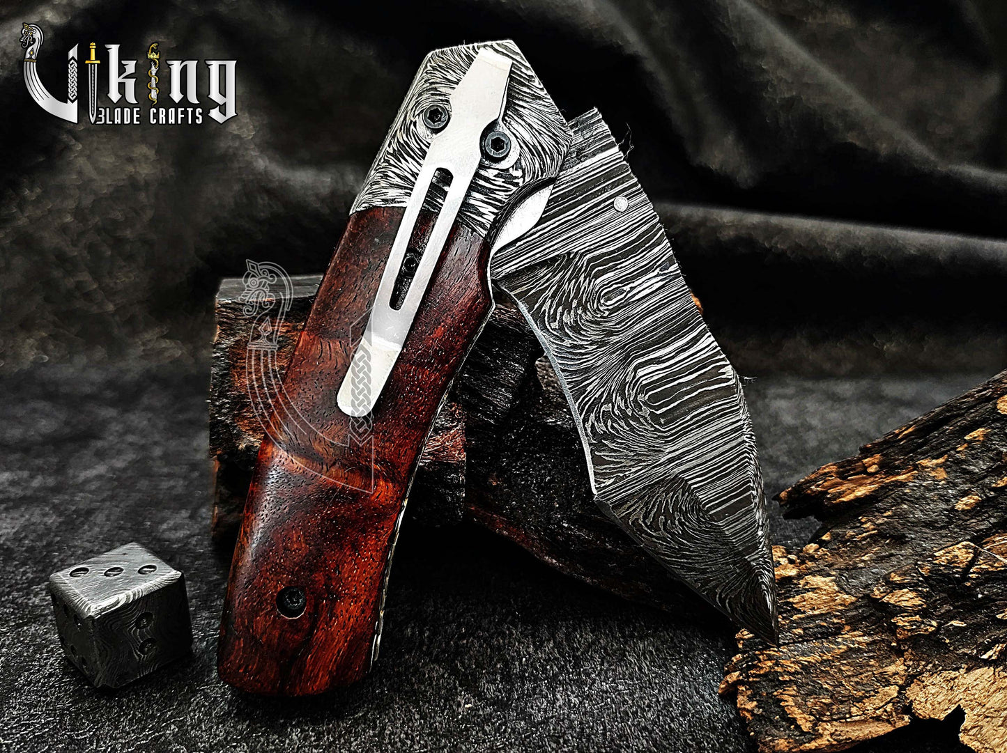 Damascus Steel Folding Pocket Knife With Sheath Rose Wood Handle