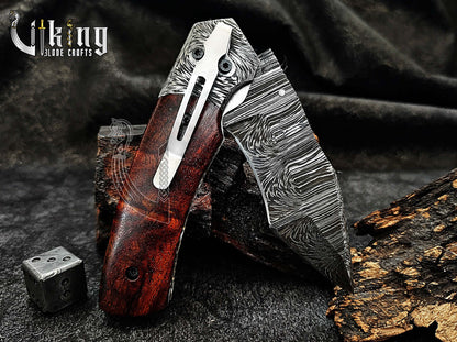 Damascus Steel Folding Pocket Knife With Sheath Rose Wood Handle
