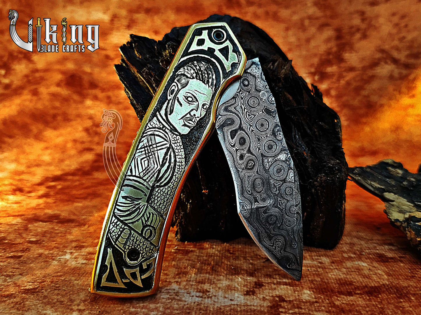 Handmade Damascus Folding Knife with Ivar the Boneless Carving Handle.