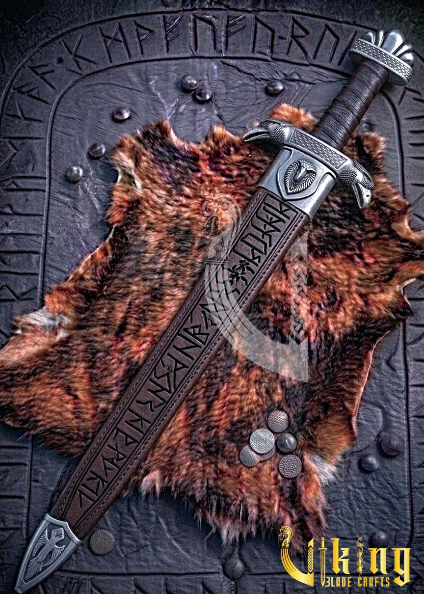 Handmade Viking Raven Hugin Munin Sword Replica Genuine Leather Cover