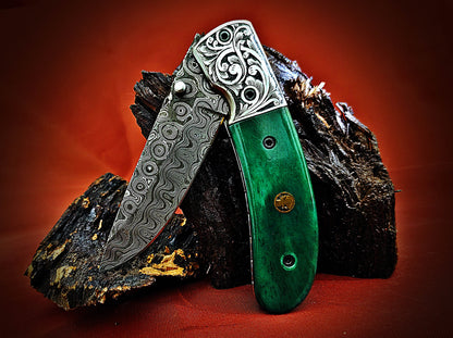 Damascus Pocket Knife with Stained Bone Handle – Ancient Hand-Carved Theme - Viking Blade Crafts