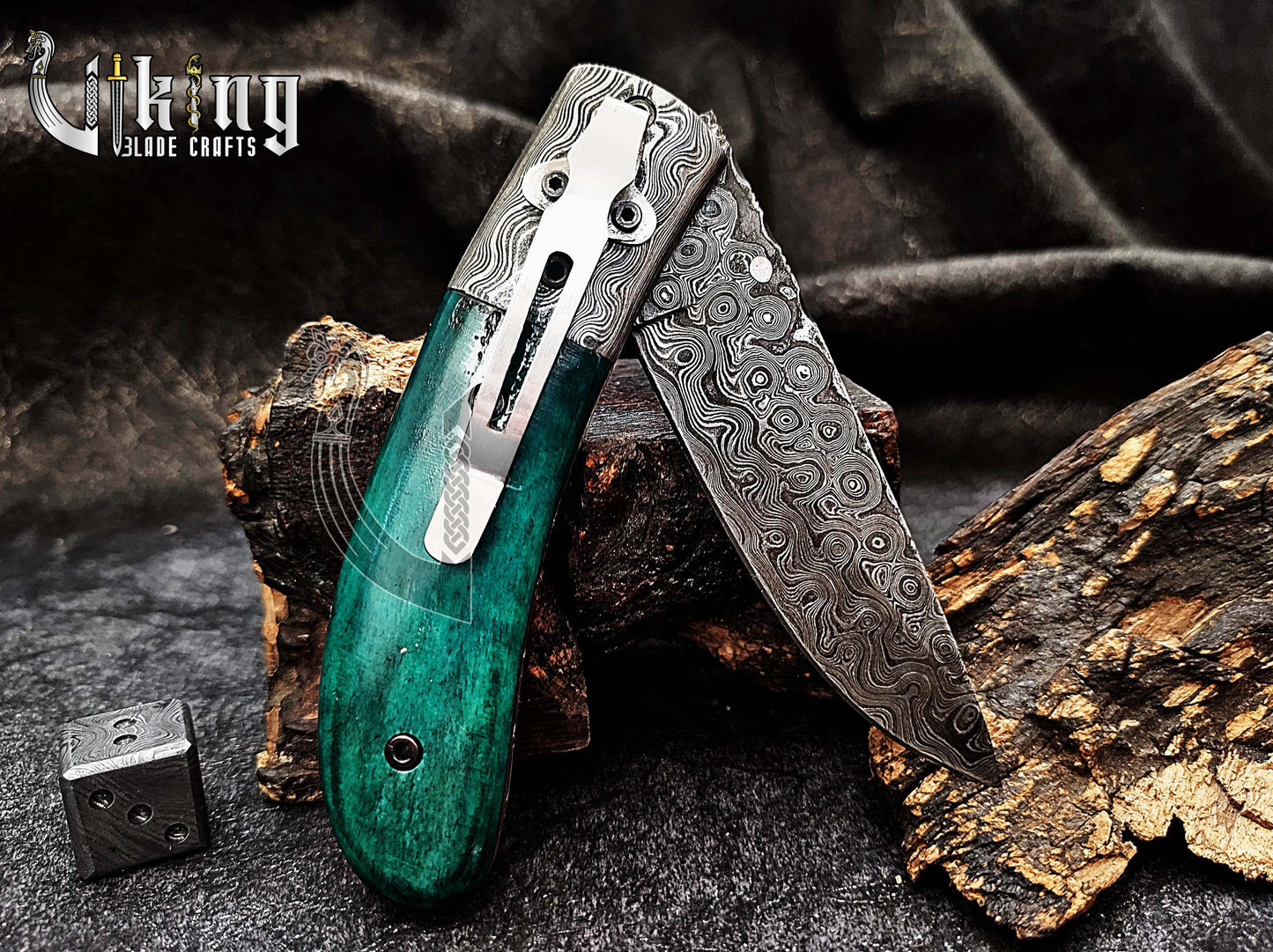 Handmade Damascus Folding Knife with Stained Bone Handle & Clip