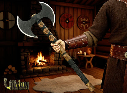 Handmade Viking Warrior Double-Headed 33"Inches Axe & Leather Cover