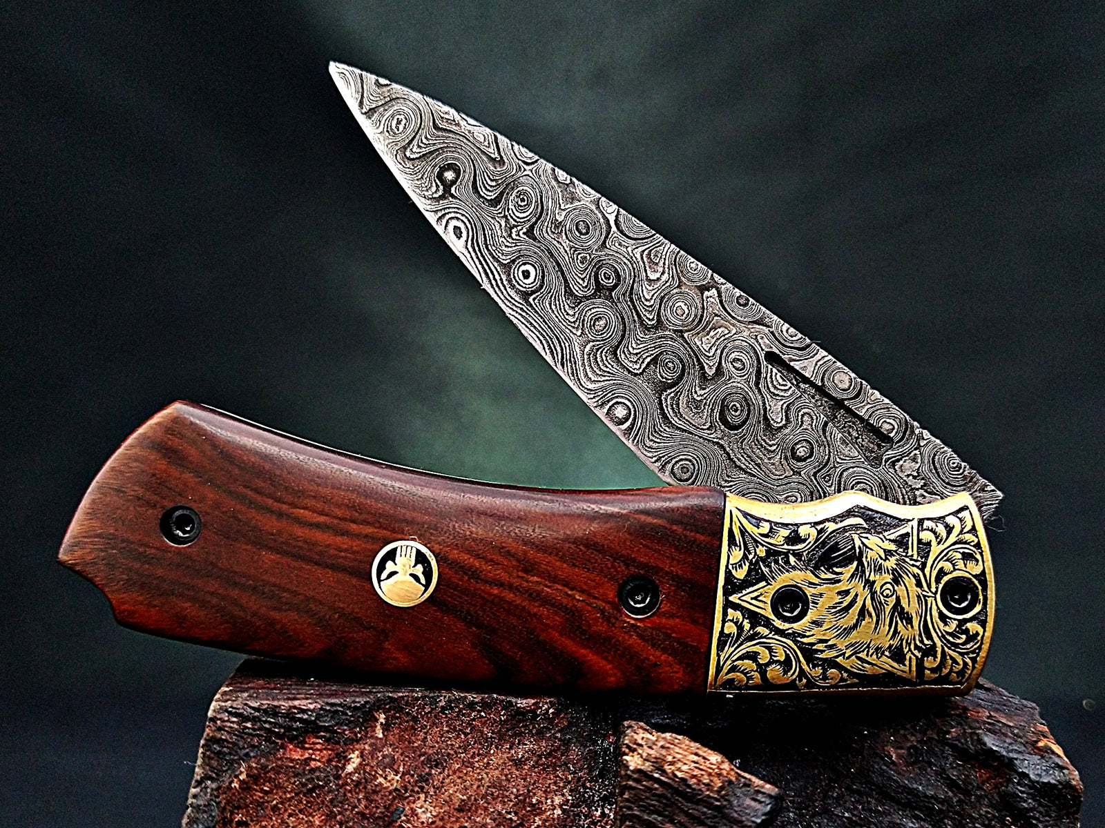 Damascus Steel Folding Pocket Knife – Viking Eagle Engraved Rosewood Handle - Viking Blade Crafts