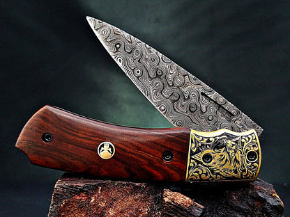 Damascus Steel Folding Pocket Knife – Viking Eagle Engraved Rosewood Handle - Viking Blade Crafts