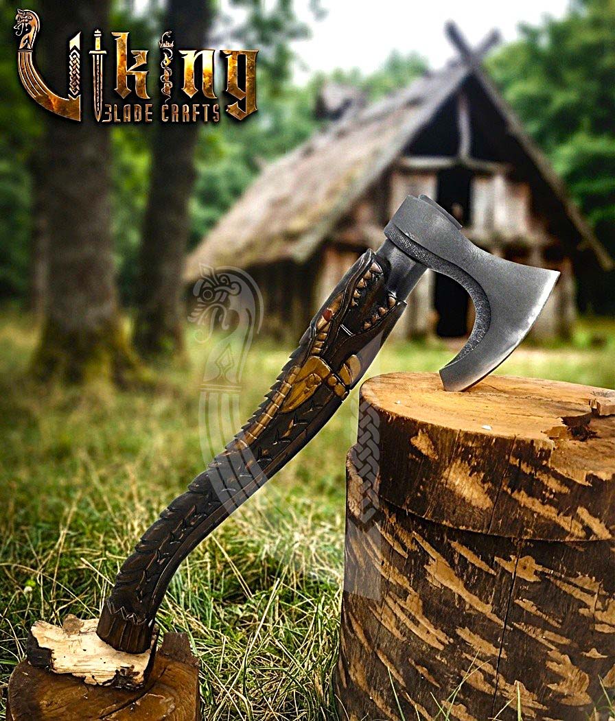 Alligator Viking Axe | Hand Carved Handle | Forged Steel