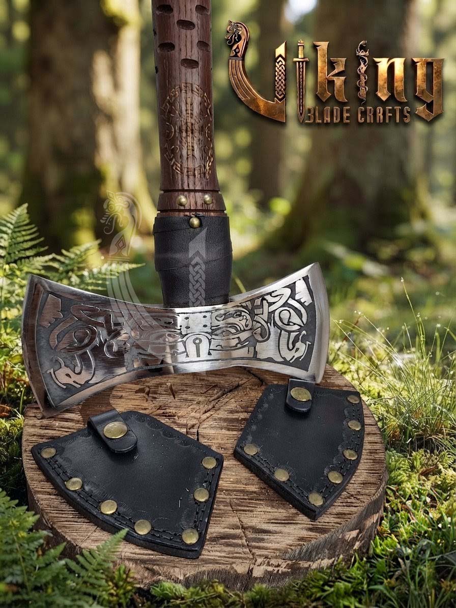 The Helm of Awe 30" Forged Viking Axe & Carved Wooden – Norse Warrior Axe