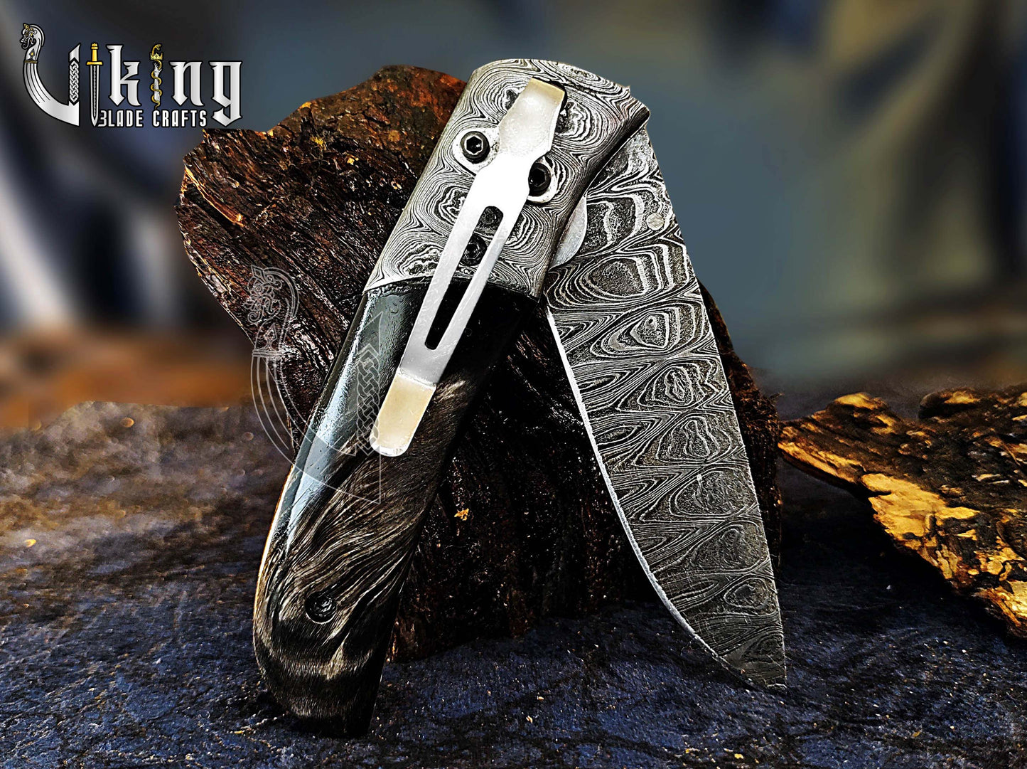 Hand-Forged Damascus Pocket Folding Knife w/ Buffalo Horn Handle & Clip