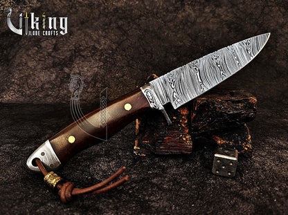 Damascus Fixed Blade Knife with Rosewood Handle & Damascus Guard & Bolster